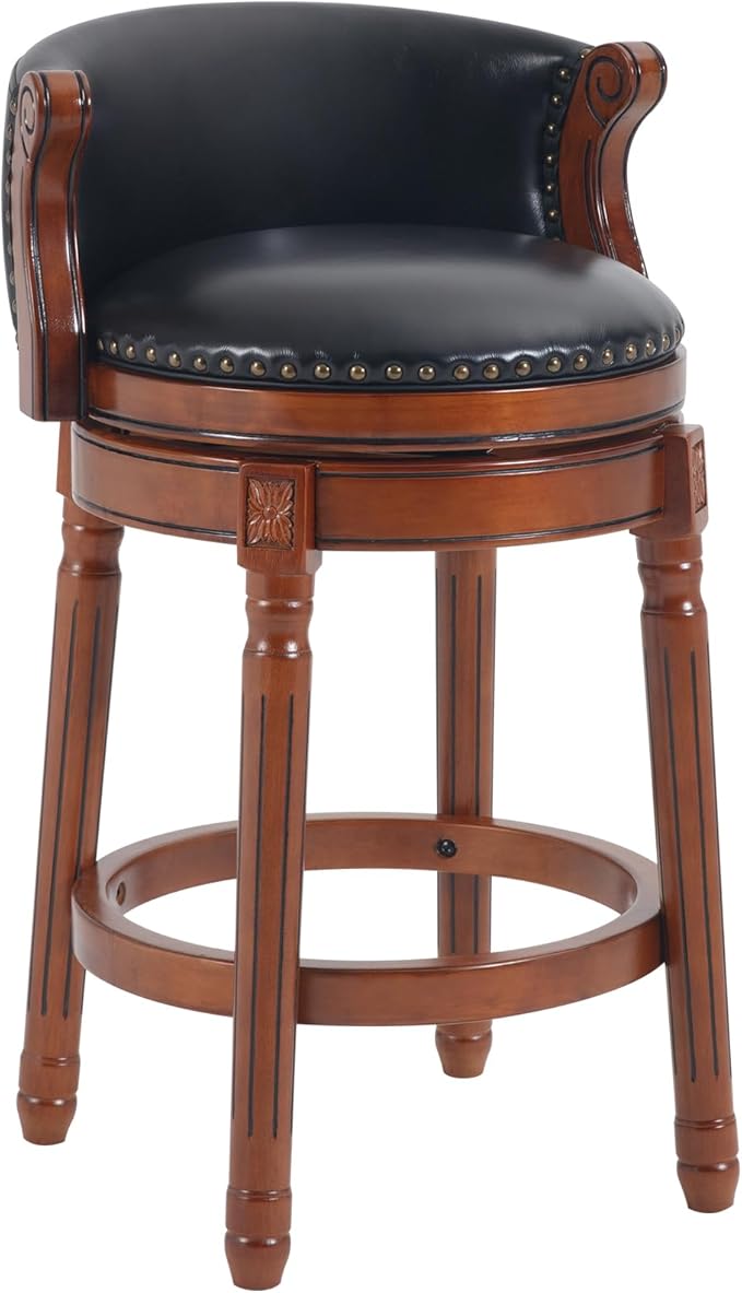 CozyRain Bar Stools Rubber Wood Counter Height Bar Stool Leather Upholstered Swivel Barstools with Back & Footrest for Home,Kitchen,Counter,Dining Room (Black, Seat Height 26 in)