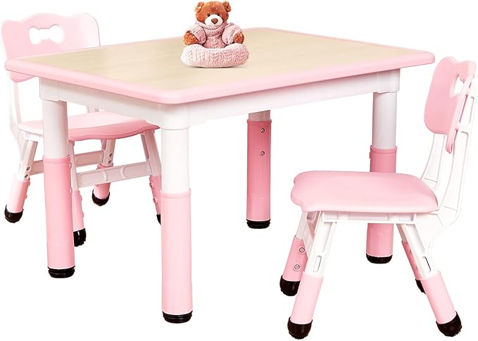 FUNLIO Kids Table and 2 Chairs Set for Ages 3-8, Height Adjustable Toddler Table and Chair Set, Easy to Wipe Arts & Crafts Table, for Classrooms/Daycares/Homes, CPC & CE Approved (3pcs Set) - Pink