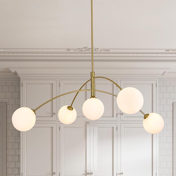 Gold Modern Chandelier 5-Light Glass Globe Ceiling Light Fixtures Mid Century Modern Sputnik Chandelier for Dining Room Kitchen Island Bedroom Living Room 41.3IN Diameter
