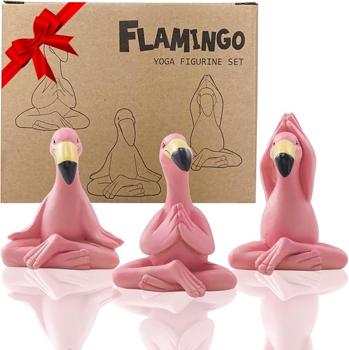 Goodeco 2.4" Mini Yoga Flamingo Figurines - Tiny Gifts Whimsical Kawaii Pink Flamingo Desk Decor, Set of 3 Fairy Garden Lawn Statues, Flamingo Gifts for Women/Mom/Grandma/Girls