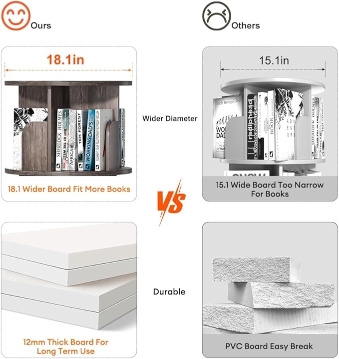 Nidouillet Rotating Bookshelf, Revolving Bookcase 360 Display Round Bookshelf Narrow Swivel Corner Book Shelf Standing Bookcase for Adult Bedroom, Living Room (Oak Grey, 3 Tier)