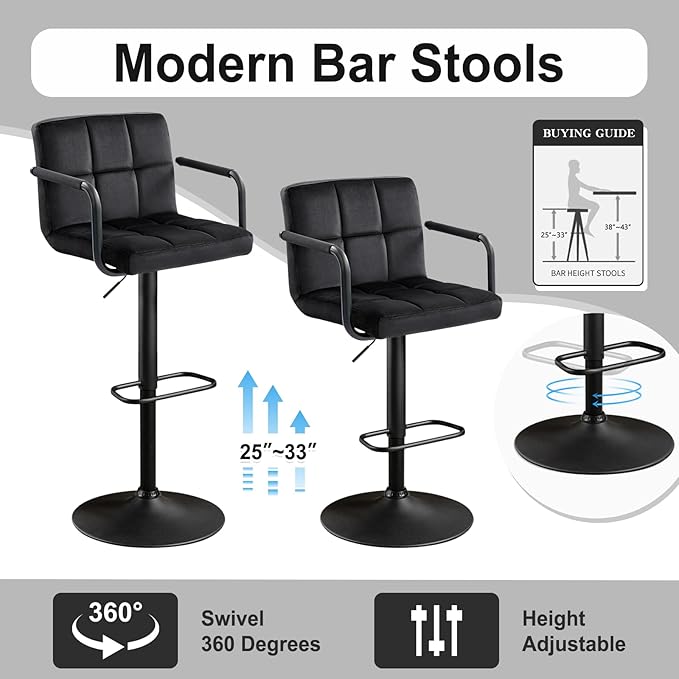 Furnimart Adjustable Bar Stool Swivel Barstools Set of 2 Counter Stools with Armrest and Footrest Upholstered Bar Chairs for Kitchen and Dining Room (Velvet-Black)