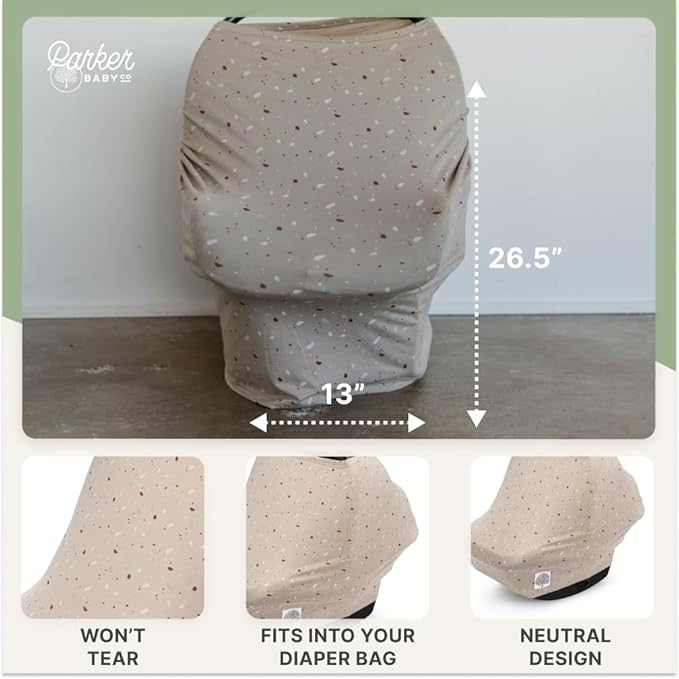 Parker Baby 4 in 1 Car Seat Cover for Girls and Boys - Stretchy Carseat Canopy, Nursing Cover, Grocery Cart Cover, High Chair Cover - “Pebble”
