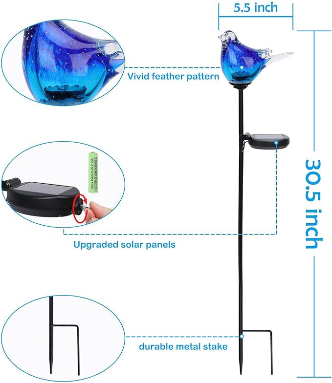 Afirst Solar Bluebird Garden Stake Lights - Hand Blown Glass Decorative Garden Pathway Lights Outdoor Waterproof Bird Glass Stakes