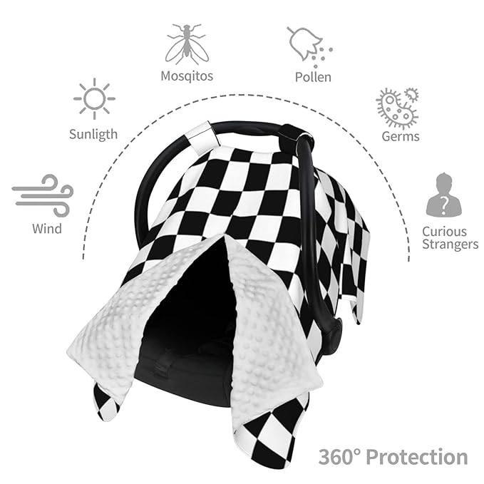 Black White Checkered Baby Car Seat Canopy Cover Multi Use Nursing Cover for Newborn Car Seat Canopy Mom Nursing Breastfeeding Covers Newborn Shower Gift