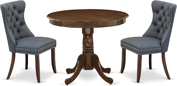 East West Furniture ANDA3-AWA-13 3 Piece Kitchen Table Set Includes a Round Dining Table with Pedestal and 2 Polyester Fabric Upholstered Parson Chairs, 36x36 Inch, Antique Walnut