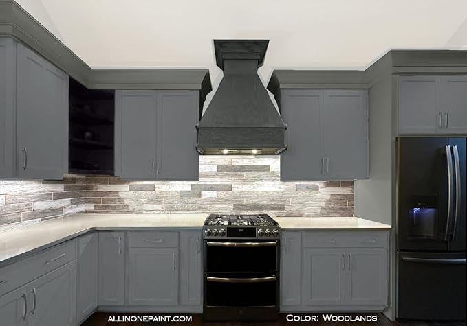 ALL-IN-ONE Paint, Durable cabinet and furniture paint. Built in primer and top coat, no sanding needed. Includes our 30 featured color card - Woodlands (muted, earthy, mossy green), Gallon