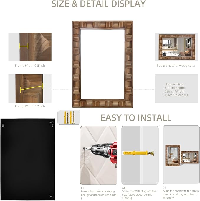 22x30 Inch Farmhouse Rectangular Wall Mirror, Rustic Wooden Frame Decorative Mirror for Bathroom Vanity, Bedroom, Living Room & Entryway – Vertical or Horizontal Hanging