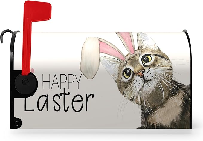 Happy Easter Mailbox Covers Magnetic Large Size 25.5 x 21 Inch Easter Cat with Bunny Ears Mailbox Cover Oversized Post Box Wraps Decorations for Spring Garden Yard