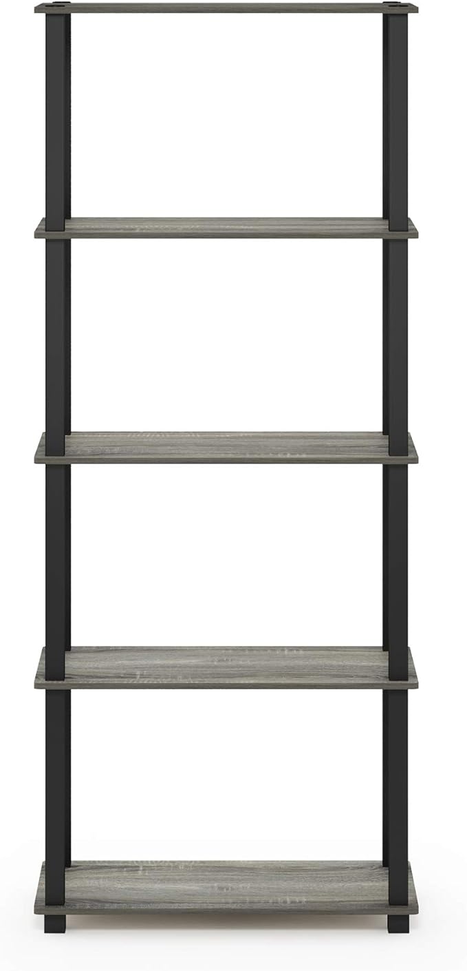 Furinno Turn-N-Tube 5-Tier Multipurpose Shelf / Display Rack / Storage Shelf / Bookshelf, Square Tubes, French Oak Grey/Black
