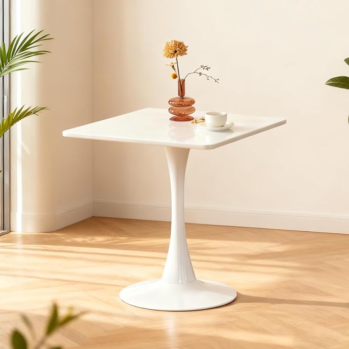 Square Dining Tulip Table for 2, Mid-Century Modern Table with Sturdy Metal Pedestal for Kitchen, Bistro, Cafe, Leisure (White, 24 INCH)