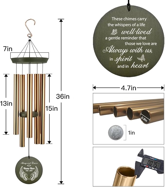Personalized Wind Chimes, 36inch Wings Heaven Sympathy Wind Chimes, in Loving Memory for Loss of Loved Dad/Mom, Memorial Gifts, Deep Tone Wind Chime Outdoor (Produced in USA)