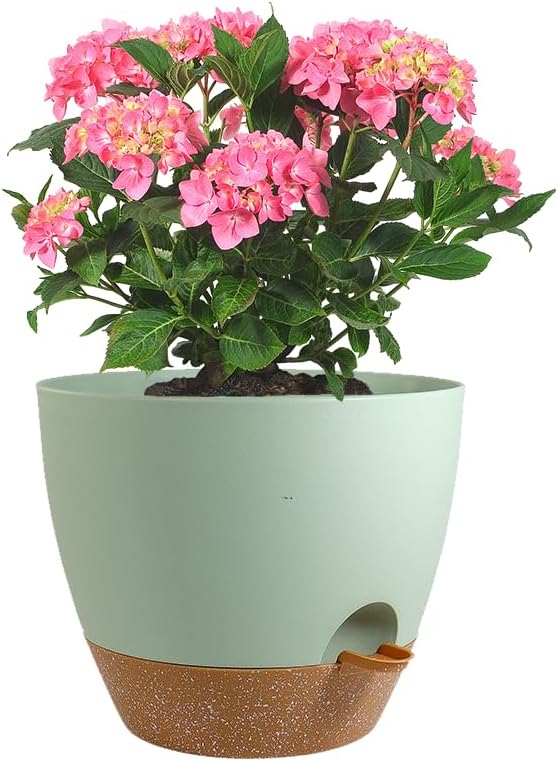 12 inch Large Self Watering Pots, Flower Plant Pots with Drainage Holes for Indoor Outdoor Garden Plants, Plastic Planters with Removable Deep Reservoir, Green with Brown