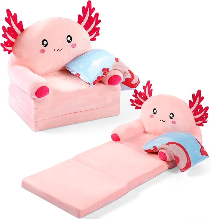 Axolotl Kids Couch Fold out 2-in-1 Toddler Sofa Fold out with Blanket, Soft Toddler Chair Comfy for Boy Girl Baby, Convertible Sofa to Lounger for Napping Reading Playing Christmas, Light Pink