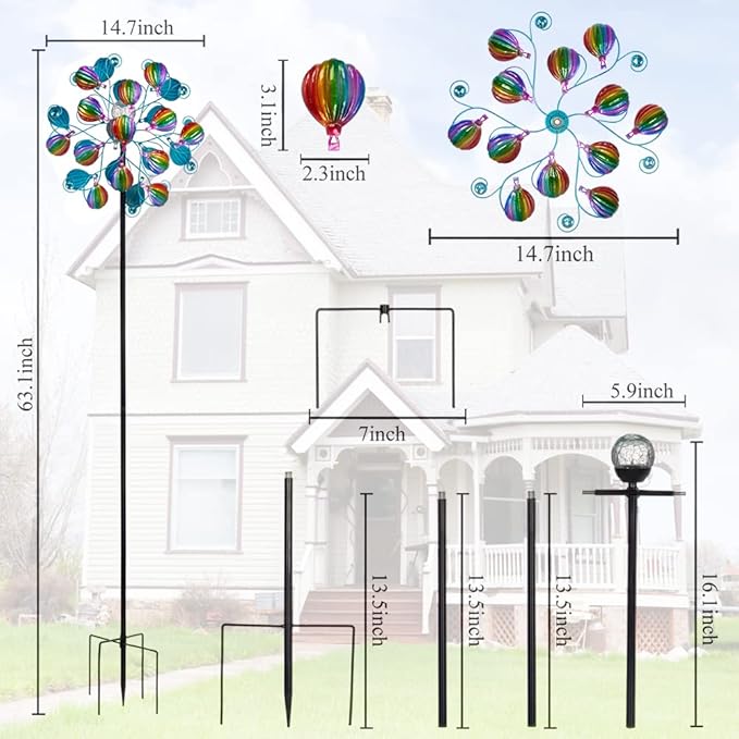 Solar Wind Spinners Outdoor,Hot Air Balloon Wind Spinner with LED Glass Ball,Muti-color Wind Spinners for Yard and Garden,Pinwheels Kinetic Wind Spinner,Wind Sculptures & Spinners for Pathway