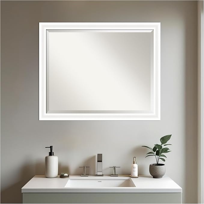 Amanti Art White Bathroom Mirror for Over Sink, 25x31 Oliver White Narrow Rectangle Vanity Mirror, Large Modern Wood Frame, Hangs Horizonally and Vertically, Bathroom Wall Decor, Beveled Edge