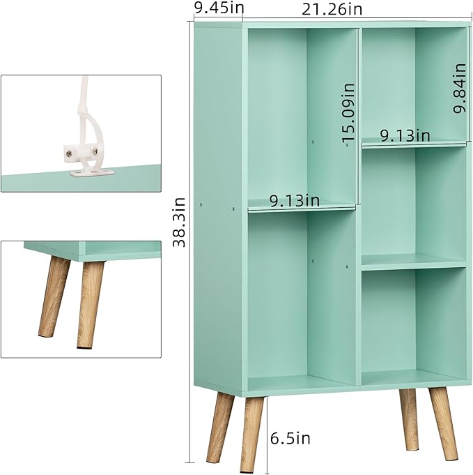 LEYAOYAO 5 Cube Bookshelf 3-Tier Bookcase with Legs,Mint Green Kids Book Shelf Cute Storage Organizer,Free Standing Open Toy Shelves Wood Bookshelves,Display Bookcases for Bedroom,Living Room,Nursery