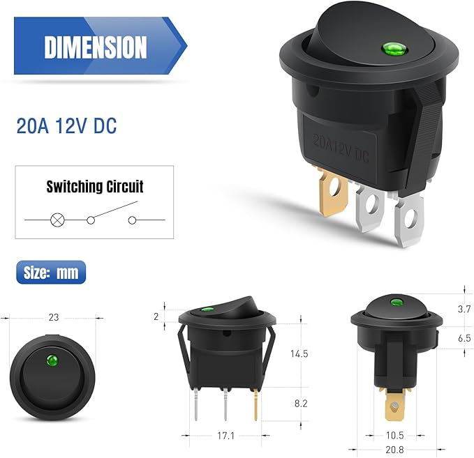 Nilight 12PCS Round Rocker Switches 12V 24V 20A Green LED Toggle swtiches SPST 3 Pin 2 Position for Car Truck Vehicle Boat Marine Rocker On Off Control