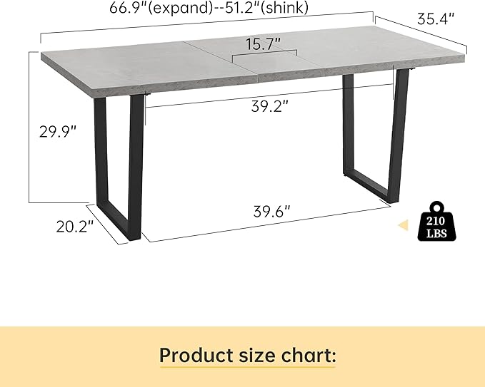 ZckyCine 51"-67" Expandable Grey Dining Table, Modern Farmhouse Kitchen Table with Wood Surface & Metal Frame, Rustic Extendable Table for Dining Room, Sturdy & Easy Assembly