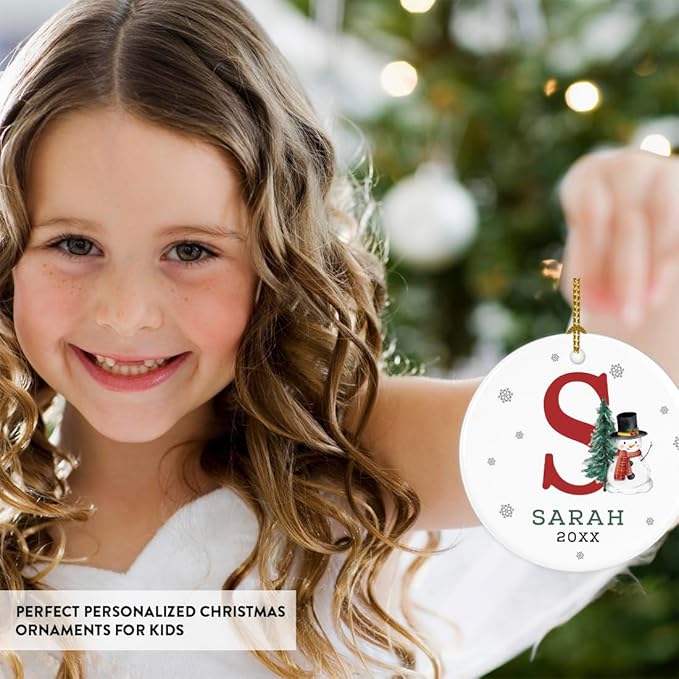 Andaz Press Personalized Ornament, Custom Name, Initial S Monogram Snowman 2.8" Ceramic Porcelain 2025 Christmas Ornament Keepsake for Kids, Boys, Girls, Includes Gold Ribbon & Gift Box, 1-Pack