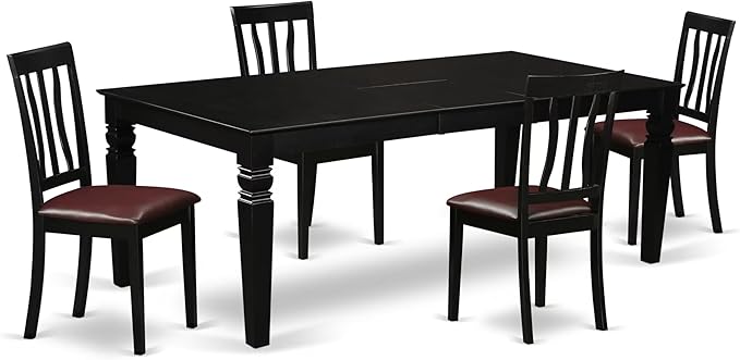 East West Furniture LGAN5-BLK-LC 5 Piece Dining Room Table Set Includes a Rectangle Wooden Table with Butterfly Leaf and 4 Faux Leather Kitchen Dining Chairs, 42x84 Inch, Black