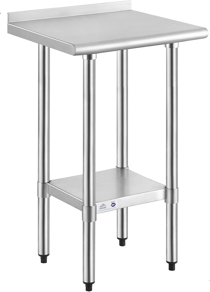 ROCKPOINT Stainless Steel Table for Prep & Work with Backsplash 18x24 Inches, NSF Metal Commercial Kitchen Heavy Duty Table with Adjustable Under Shelf and Table Foot for Restaurant, Home and Hotel