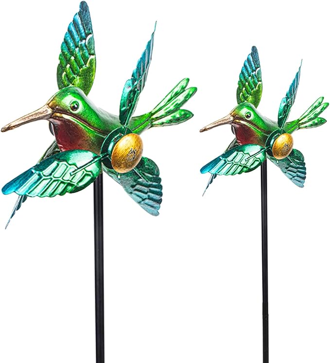 WONDER GARDEN Wind Spinners Outdoor - 2 Pack Small Metal Hummingbird Green Wind Spinner Windmill, Wind Sculpture for Yard Patio Lawn Decor