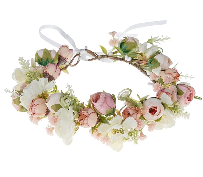 Girls Flower Crown Headpiece - Boho Little Wreaths for Weddings, Family Photography (Pink)
