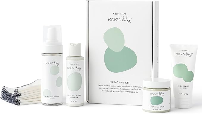 Esembly Skincare Kit, Baby Arrival Gift Set with Organic Diaper Creams, Reusable Organic Cotton Wipes and Wipe Cleanser with Foamer - Mama and Baby Essentials for Cloth Diapering