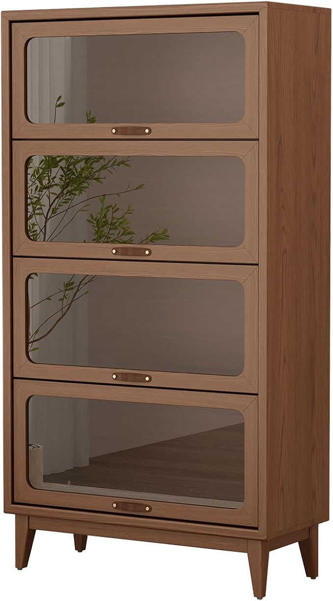 Solid Wood Bookcase 4-tire with Tempered Glass Flip-Up Doors,60Hx32Dx13.7W Bookshelves Finish Cube Storage Organizer,Bookshelf Versatile Pantry Cabinet for Living Room Home Office