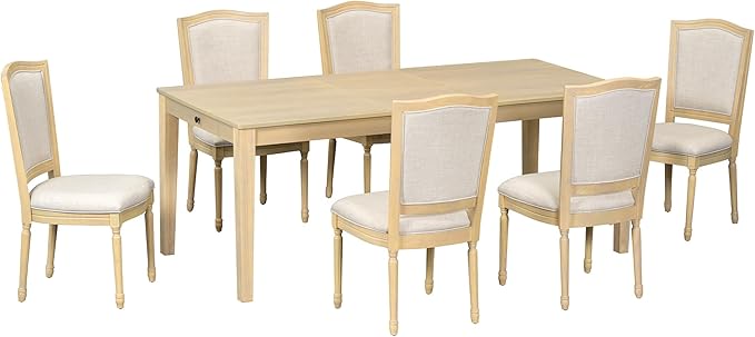 Merax Rustic 7 Piece 78.1inch Extendable Dining Table Set with 18inch Removable Leaf, 6 Upholstered Dining Chairs, 2 Built-in Drawers, Natural