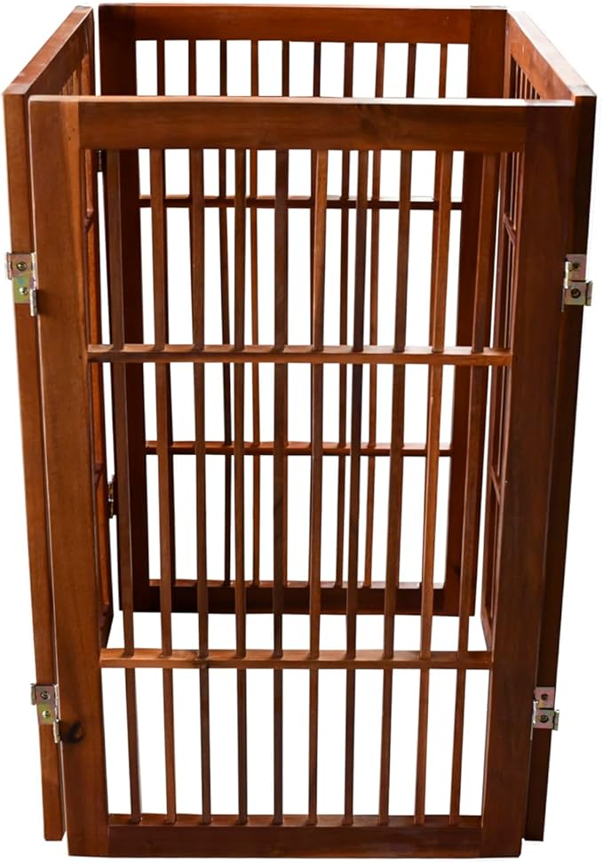 Pet Dog Gate Strong and Durable Freestanding Folding Acacia Hardwood Portable Wooden Fence Indoors or Outdoors by Urnporium (Brown Pet Gate, 4 Panel 30" Tall)