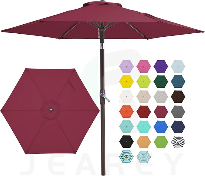 JEAREY 7.5FT Patio Umbrella Market Table Umbrella with 6 Sturdy Ribs, Push Button Tilt/Crank Outdoor Umbrella for Garden, Deck, Backyard, Pool and Beach,Burgundy