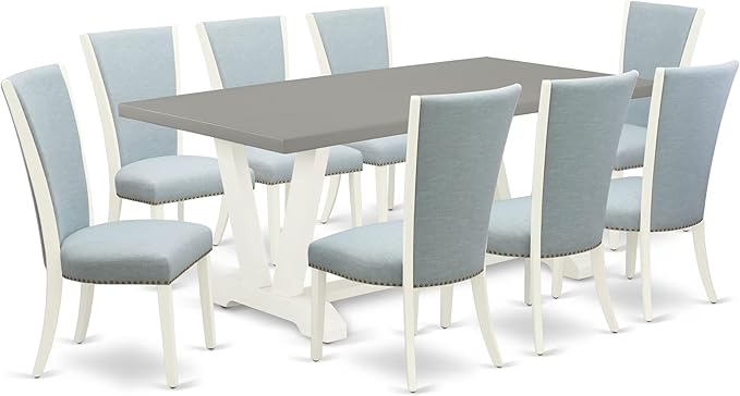 East West Furniture V097VE215-9 9 Piece Dining Set Includes a Rectangle Dining Room Table with V-Legs and 8 Baby Blue Linen Fabric Upholstered Parson Chairs, 40x72 Inch, Multi-Color