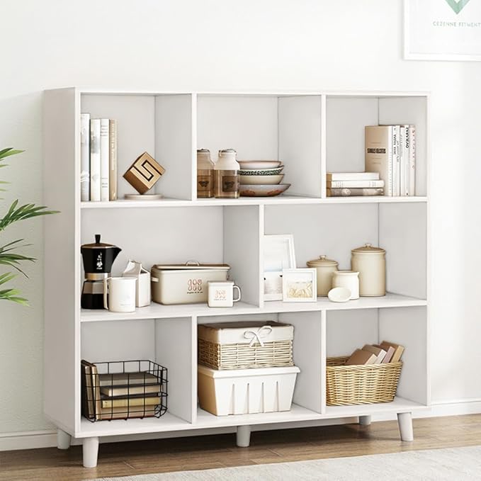 IOTXY Open Cube Low Bookcase - 3-Tier Freestanding Storage Display Cabinet Organizer with Legs for Home Office, 8-Cubes Open Shelf Short Bookshelf, White