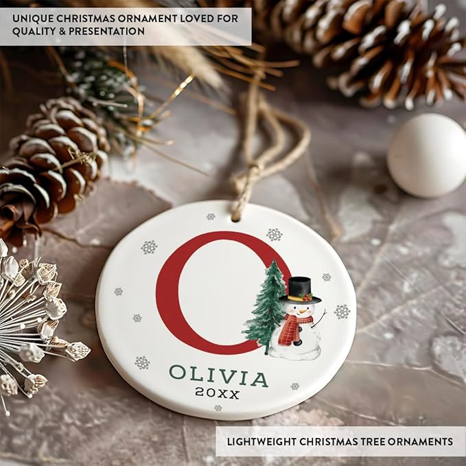 Andaz Press Personalized Christmas Ornaments, Custom Name, Initial O Monogram Snowman 2.8" Ceramic Porcelain 2025 Christmas Ornament Keepsake for Kids, Boys, Girls, 1-Pack Initial Ornaments