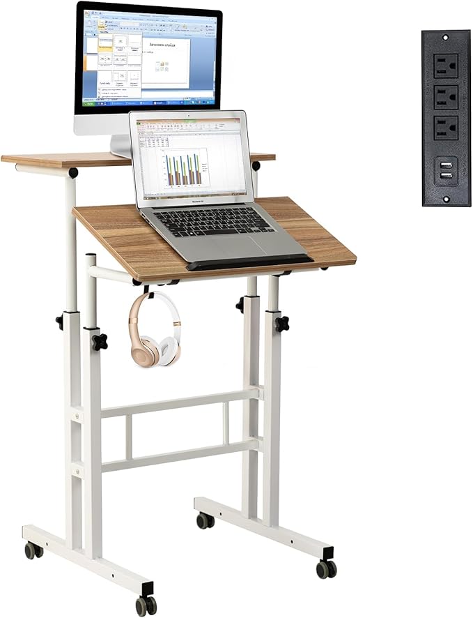 Hadulcet Mobile Standing Desk with Charging Station, Adjustable Standing Computer Desk, Standing Adjustable Laptop Cart with Wheels for Home Office Classroom Vintage Oak