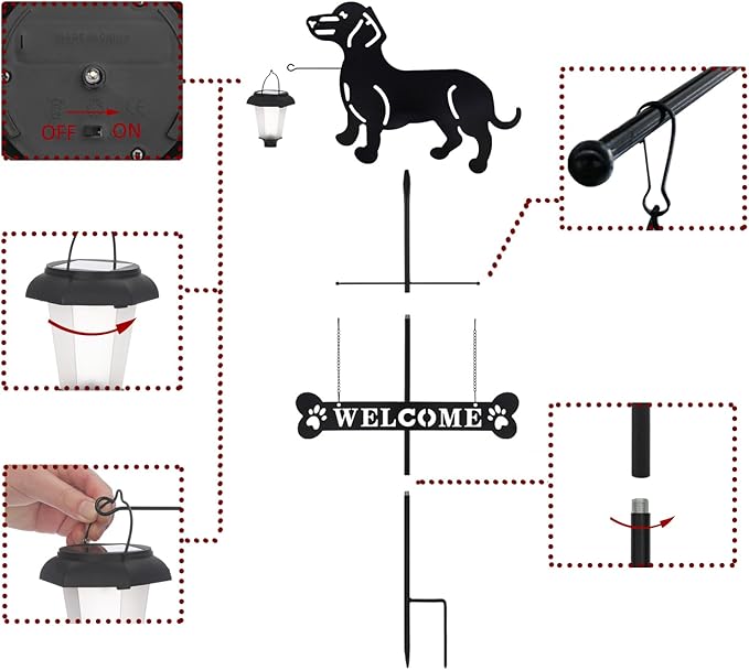 BAYN Solar Dachshund Silhouette Dog Breed Welcome Sign with a Lantern Outdoor Decorative Garden Stakes for Yard, Lawn, Patio, Pathway