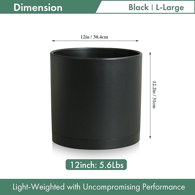 Cylinder 12 inch Plant Pots, Mordern Plastic Planters with Drainage Holes and Saucers for Indoor Outdoor Plants Flowers, Black