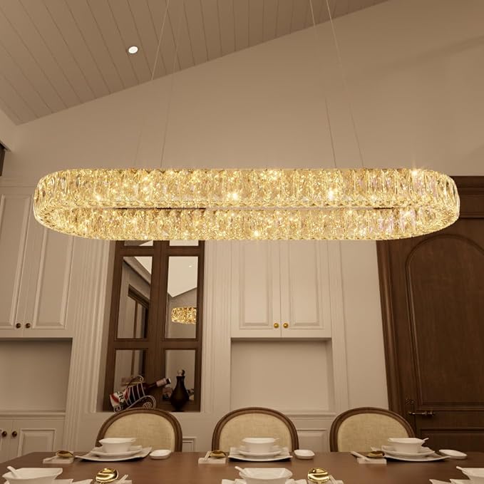 HAIXIANG Modern Crystal Chandelier Dimmable LED Long Chandeliers for Dining Table Pendant Lights Rectangular Glam Lighting Fixtures for Dining Room Kitchen Island Gold