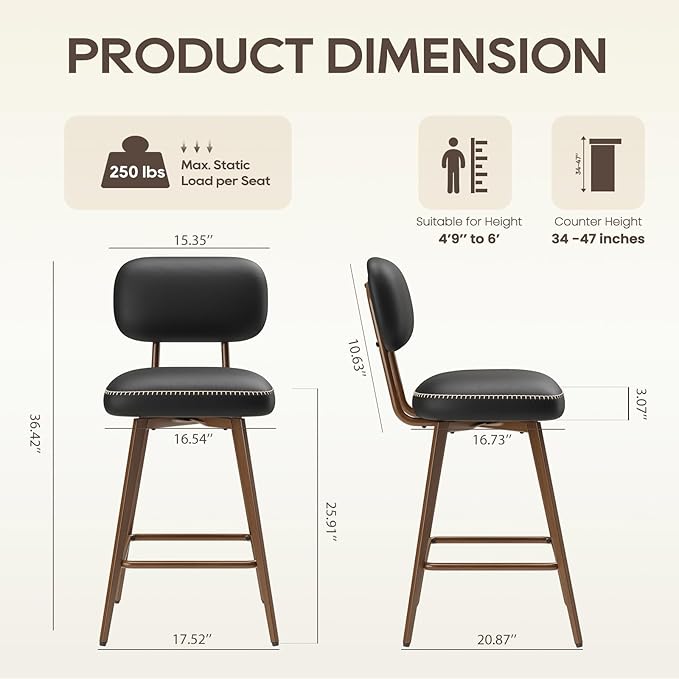 Swivel Bar Stools Set of 3, Mid Century PU Leather Counter Height Bar Chairs with Low Back and Metal Legs, Modern Bar Stool Chair for Kitchen Island, Black