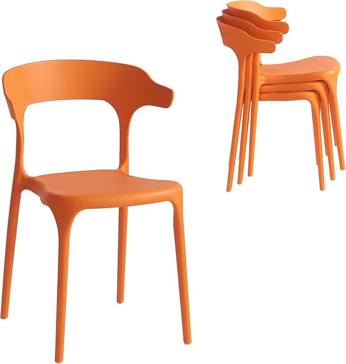 Modern Stackable Dining Chair Set, No Assembly, Plastic Chair, Patio Chair, Suitable for Indoor and Outdoor Cafes and Restaurants, Set of 4 (Orange)