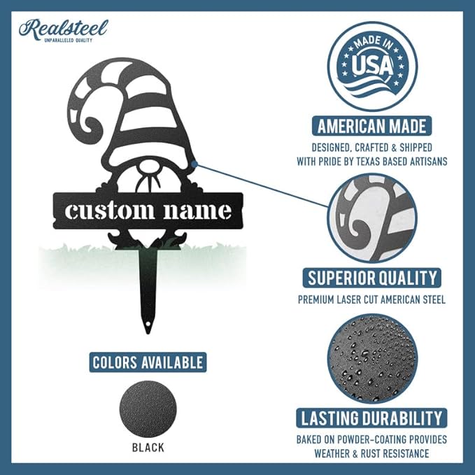 RealSteel Customizable Gnome Seed & Plant Markers – Durable Metal Garden Stakes for Herbs, Fruits & Vegetables – Weatherproof Tags for Farmhouse & Greenhouse Décor (Type 3, Large)