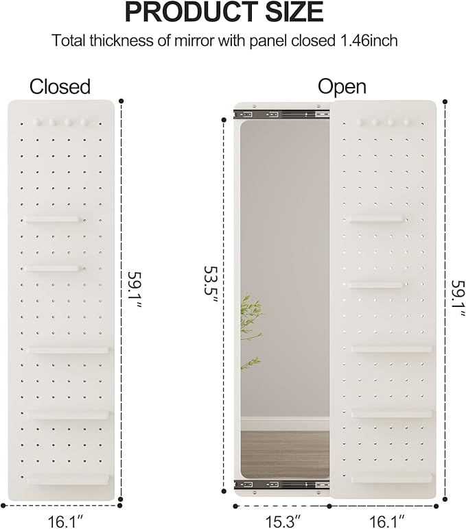 KungFuWood Full Length Mirror with Shelf and Hooks,Entry Way Mirrors for Wall,Wall Mirror with Shelf,Wall Mirror with Storage Multifunctional Design Panel,Living Room