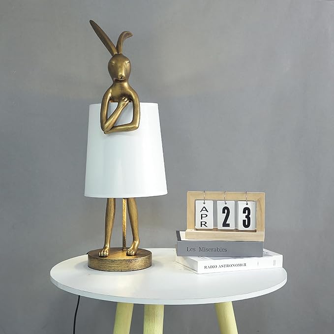 Bunny Table Lamp, Resin Animal Rabbit Lamp, LED Bunny Decor Lamp with Fabric Shade, H20in,Vintage-Style Component,Suitable for Office Bedside (White H20)