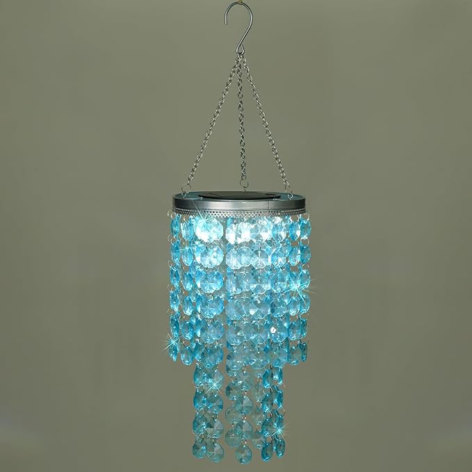 Hanging Solar Crystal Chandelier Outdoor, 21” Modern Solar Blue Acrylic Beaded Lantern with Cool White LED S Hooks for Garden Yard Patio Gazebo Outside Decor