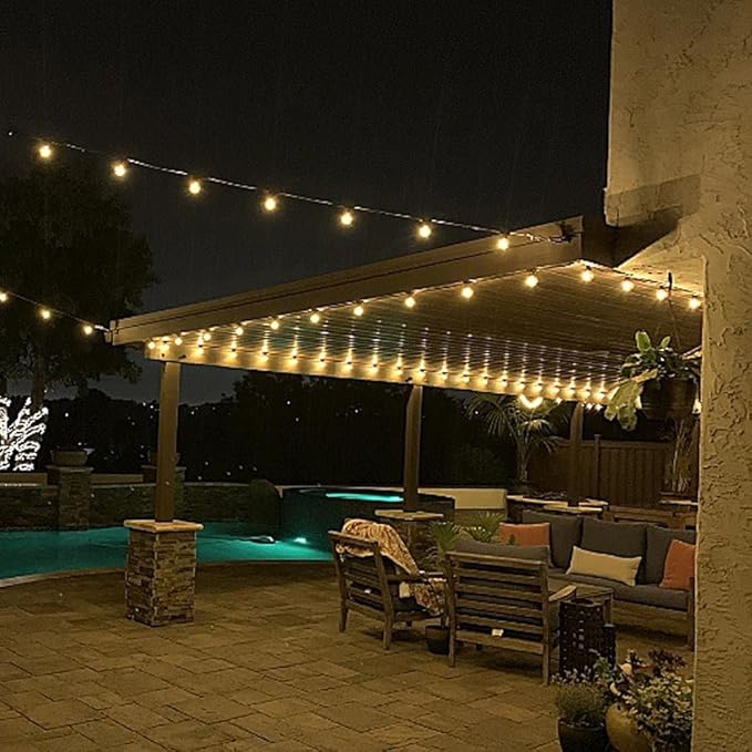 Novelty Lights 100 Feet G40 LED Patio String Light Set with 67 Bulbs, Warm White, Weather Resistant and Shatterproof Replaceable Plastic Globe Bulbs, Black Wire