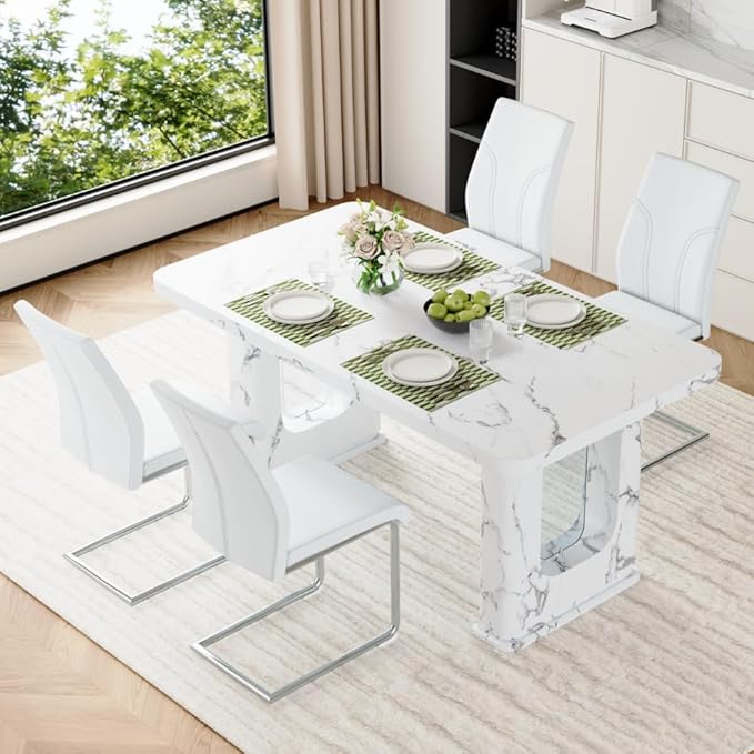 64.5" White Dining Table Set for 4, Modern Kitchen Table and Chairs Set with PU Leather Cushioned Chairs & Decorative Pedestal Base, 5 Piece Marble Pattern Dining Table Set for Dining Room or Kitchen