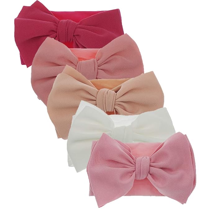 KIDOCHEESE Baby Girl Nylon Hairband with Bows, 5 Count (Pack of 1), for Infant, Extra Stretchy, Handmade