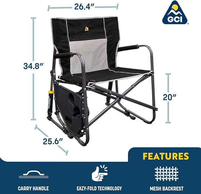 GCI Outdoor Freestyle Rocker XL with Side Table Camping Chair | Portable Folding Rocking Chair with Solid, Durable Armrests, Drink Holder & Comfortable Backrest — Black